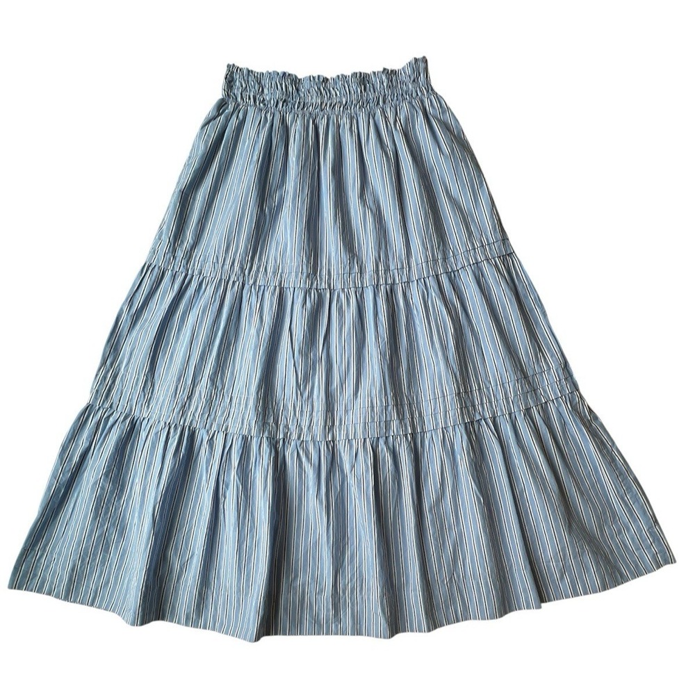 Quince Organic Cotton Poplin Tiered Maxi Skirt M Tribeca Stripe Blue - Picture 2 of 8